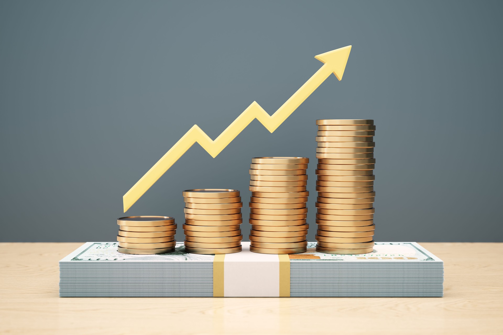 Yellow bullish arrow indicator bar chart design with stacks of coins stacked on top of 100 dollar bill on wooden background. Concept of money rise.