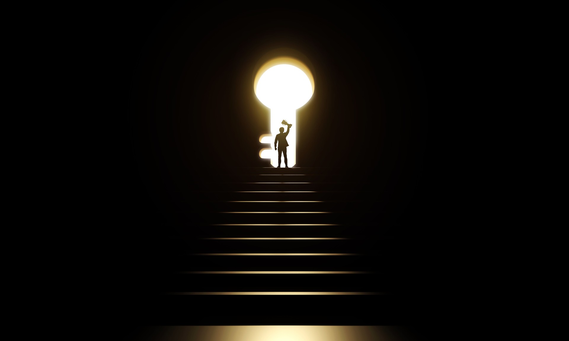 Businessman holds trophy on stairs with light shining through keyhole door in dark empty room.