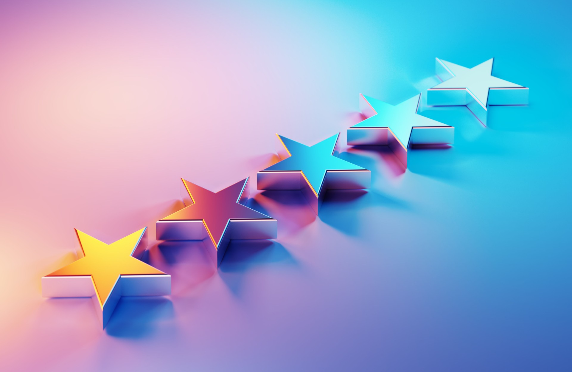 Metallic 5 Stars Illuminated By Blue And Magenta Lights On Magenta Background